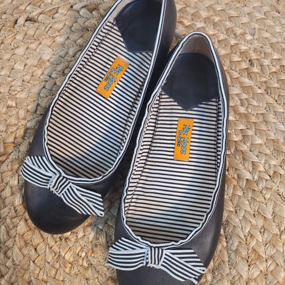 MIZ MOOZ by Gazith Navy Blue Vegan Leather Striped Bow Ballet Flats Round Toe 9 - Picture 6 of 12